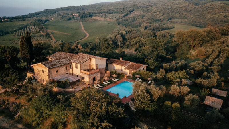 Aerial view of Agrivilla I Pini, featuring a rustic villa with a pool surrounded by lush greenery and vineyards.