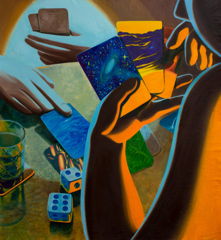 Hands holding colorful cards and dice on a table, with a glass nearby, in a vibrant, artistic setting.