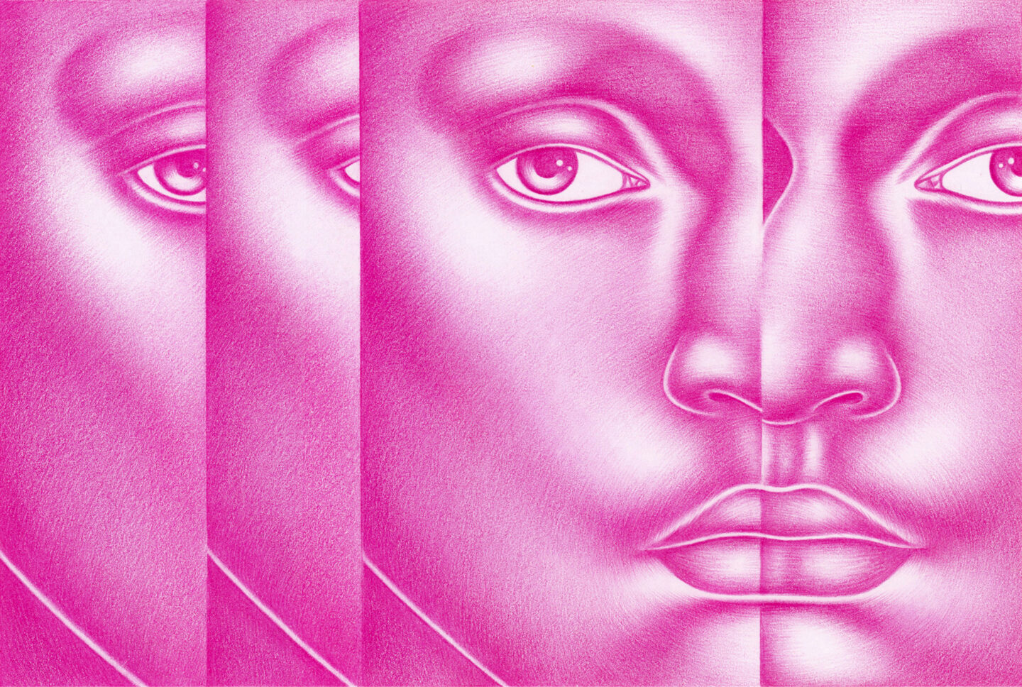 Four stylized faces in shades of pink, featuring large eyes and smooth features, arranged in a linear composition.