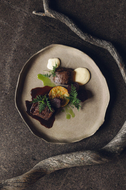 Artfully plated dish featuring tender meat, a green garnish, and creamy sauces on a textured plate, set against a dark bac...