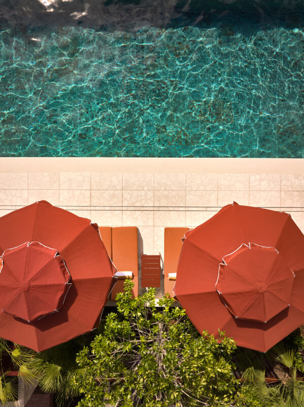 Aerial view of a pool at The EVE Hotel Sydney, featuring two brown umbrellas and lounge chairs beside lush greenery.