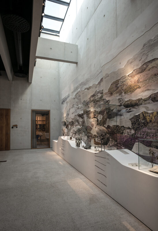 Modern exhibition space featuring a concrete wall with a large mural and display cases showcasing artifacts.