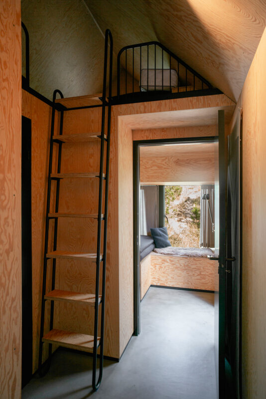 Interior view of a modern cabin with a wooden ladder leading to a loft, featuring minimalist design and natural light.