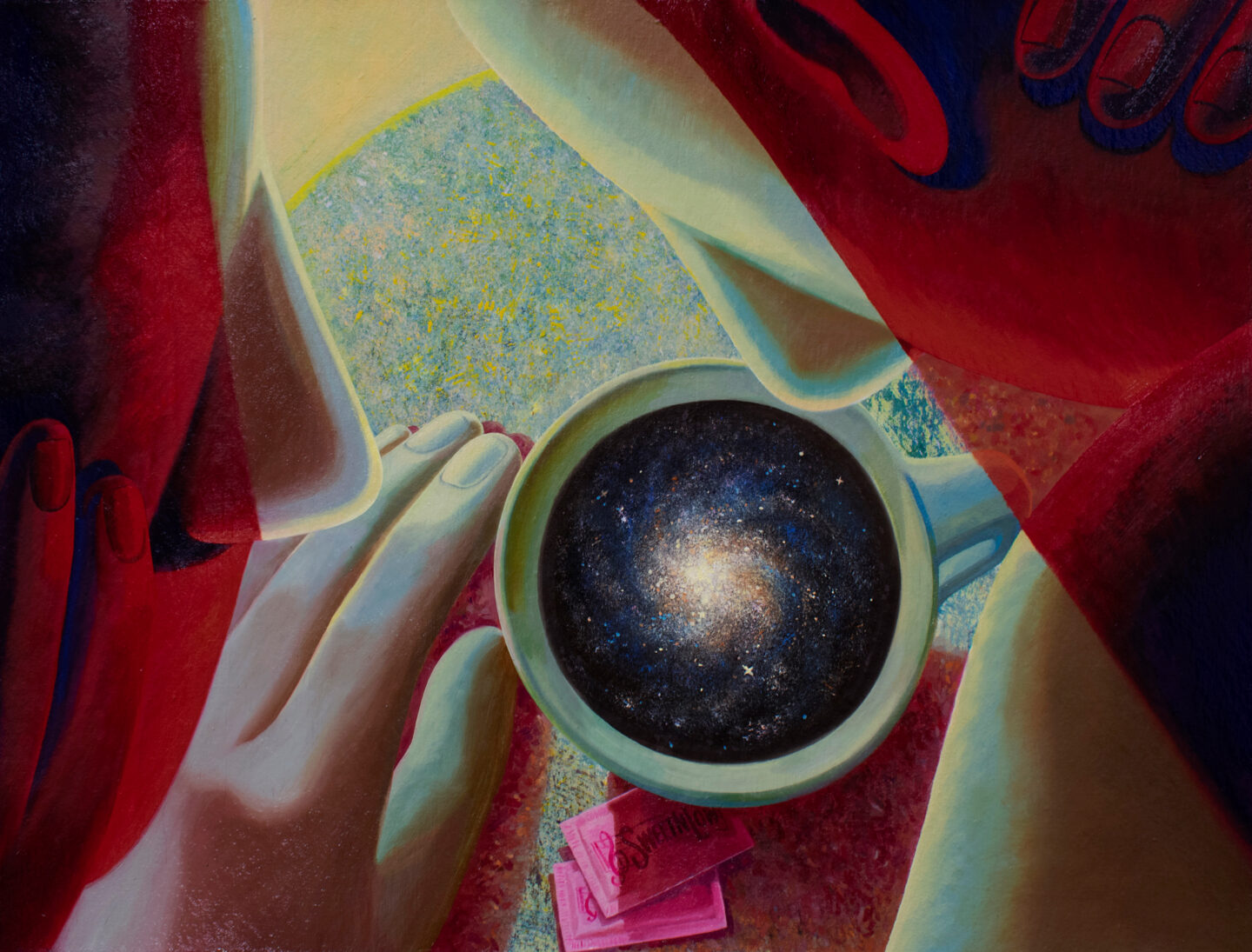 A close-up of two hands around a cup containing a swirling galaxy, with colorful abstract shapes in the background.