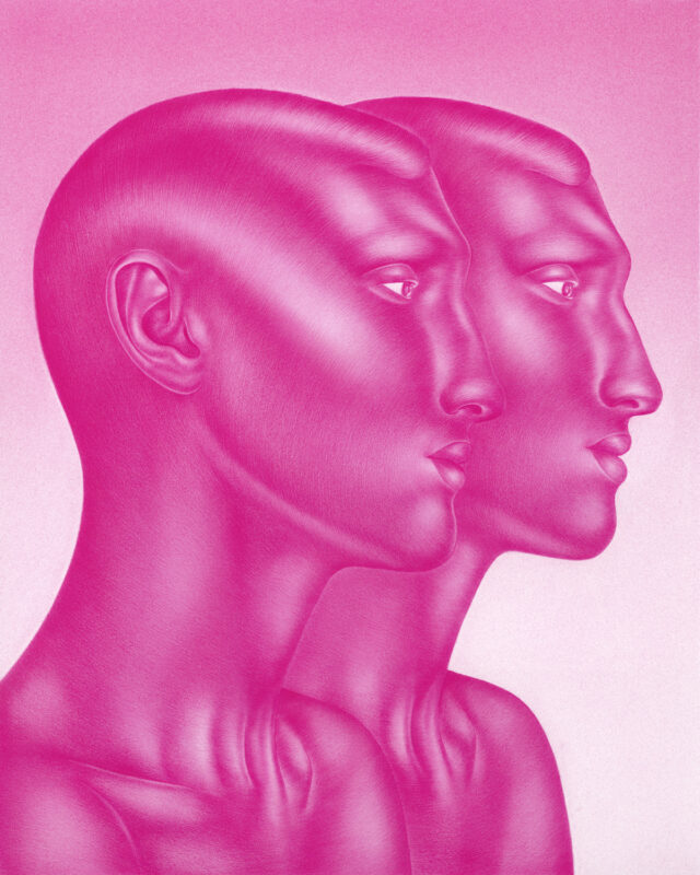 Two stylized, pink-toned human profiles facing left, with smooth, abstract features against a gradient background.