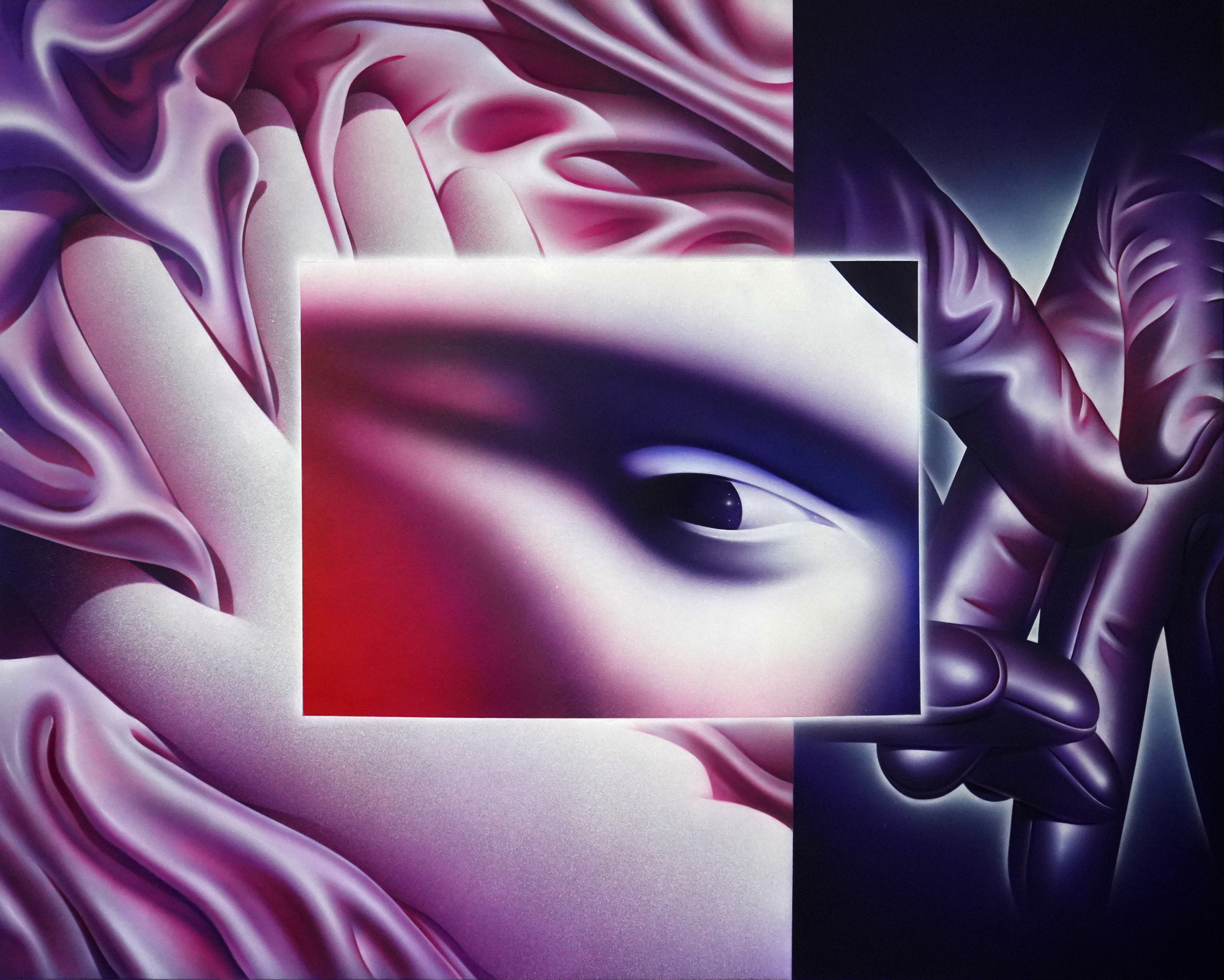 Abstract artwork featuring a close-up of an eye framed by soft, flowing fabric and stylized hands, blending colors and tex...