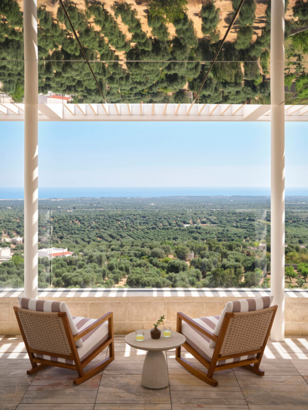 Rooftop view from Villa Ostuni overlooking lush olive groves and the sea under a clear blue sky.