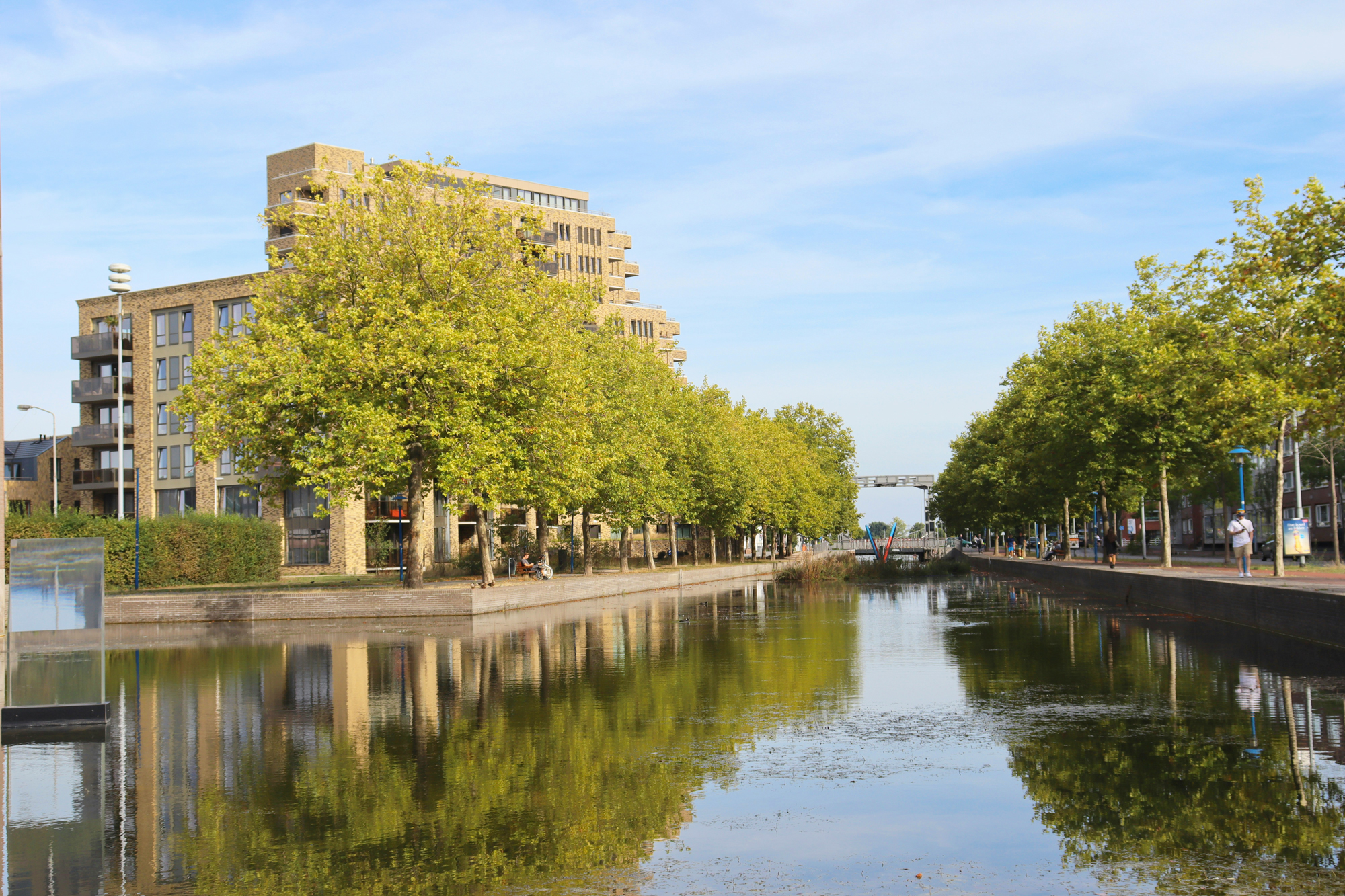 City canal lined with trees and modern buildings, reflecting in the water under a clear blue sky.