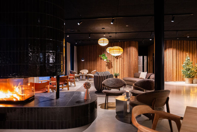 Cozy hotel lounge featuring a fireplace, modern seating, wooden accents, and decorative plants.