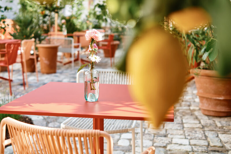 A vibrant outdoor café scene featuring a red table with a vase of flowers, surrounded by potted plants and lemon.