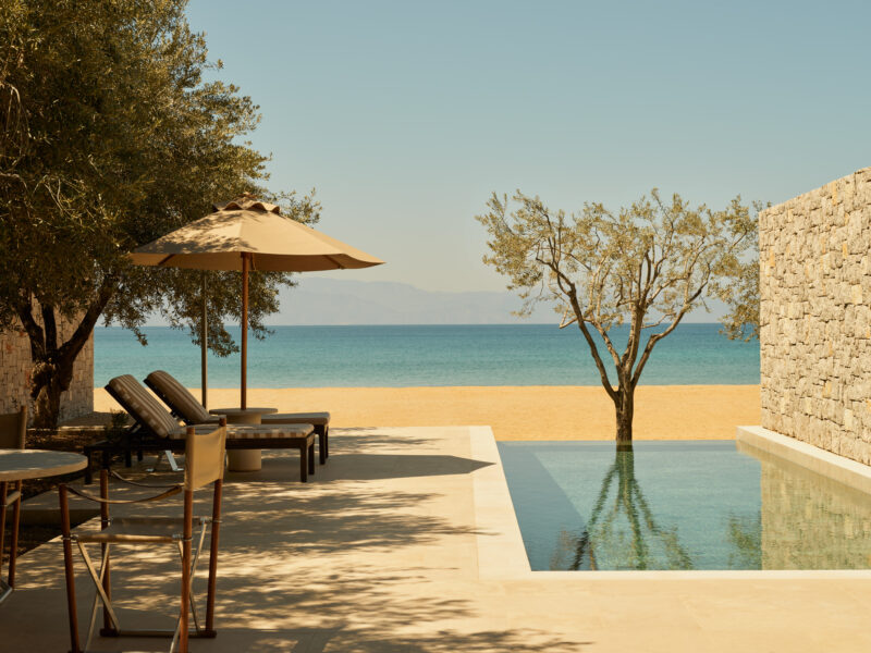 Beach pavilion with a pool, sun loungers, and a tree, overlooking a sandy beach and calm blue sea at Amanzoe, Greece.