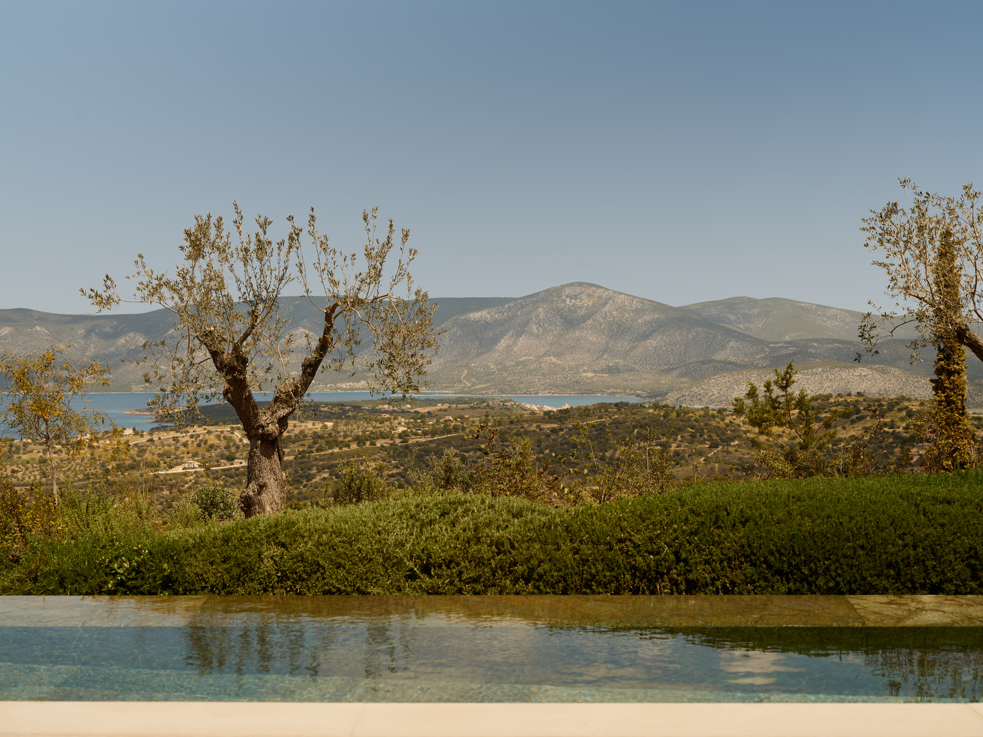 Scenic view from a pool pavilion at Amanzoe, Greece, featuring olive trees and mountains in the background.