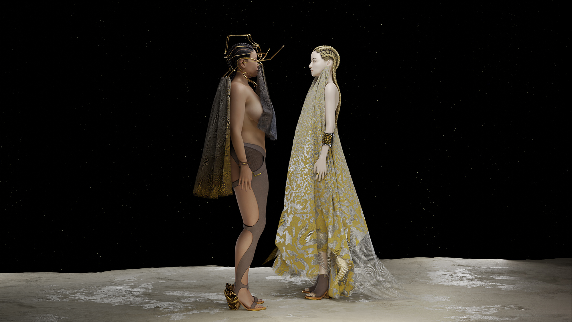 Two stylized figures stand facing each other on a textured surface, one in a black outfit with a veil and the other in a g...
