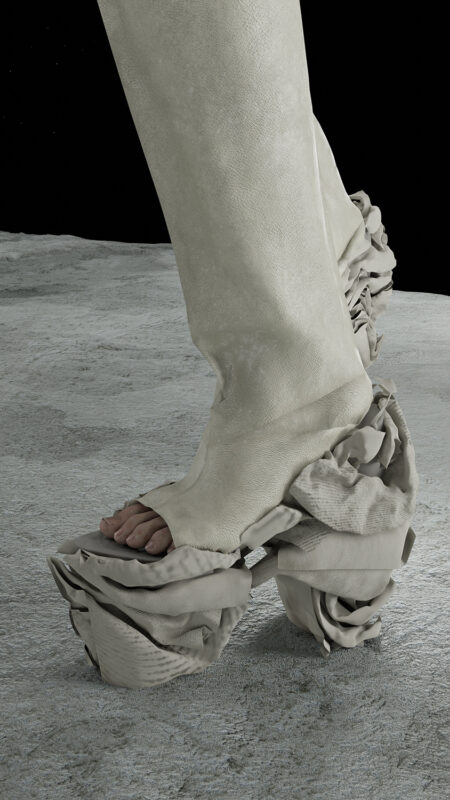 Footwear design featuring a sculptural, ruffled style in neutral tones, set against a textured, lunar-like surface.