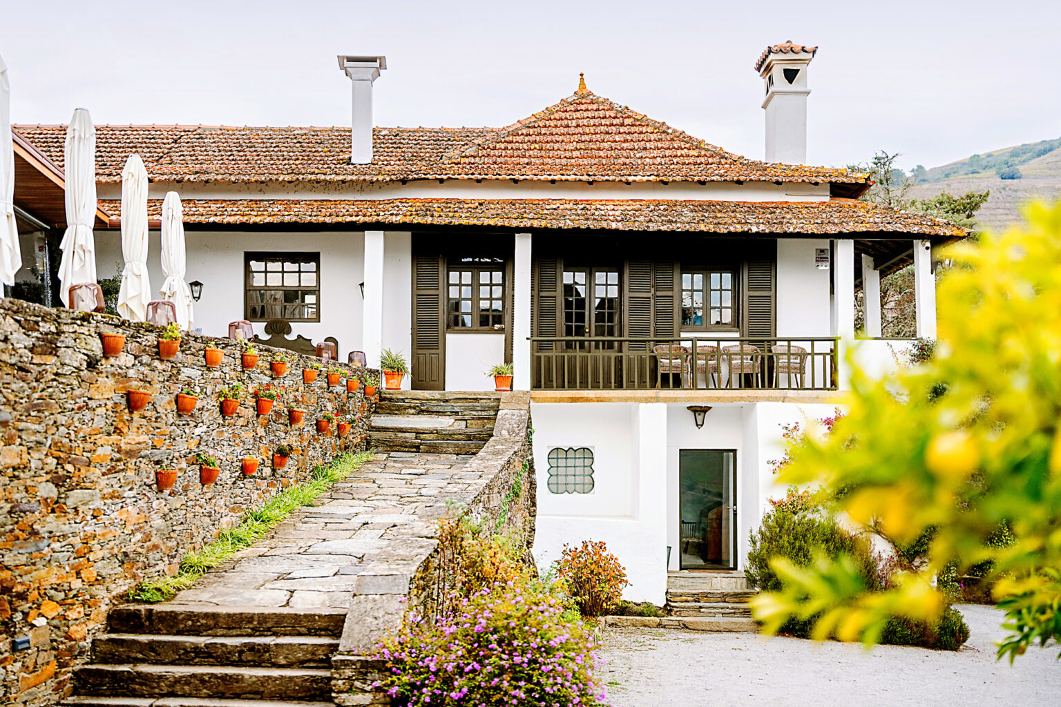 Quinta do Crasto winery with stone steps, potted plants, and a white building featuring a tiled roof and balcony.