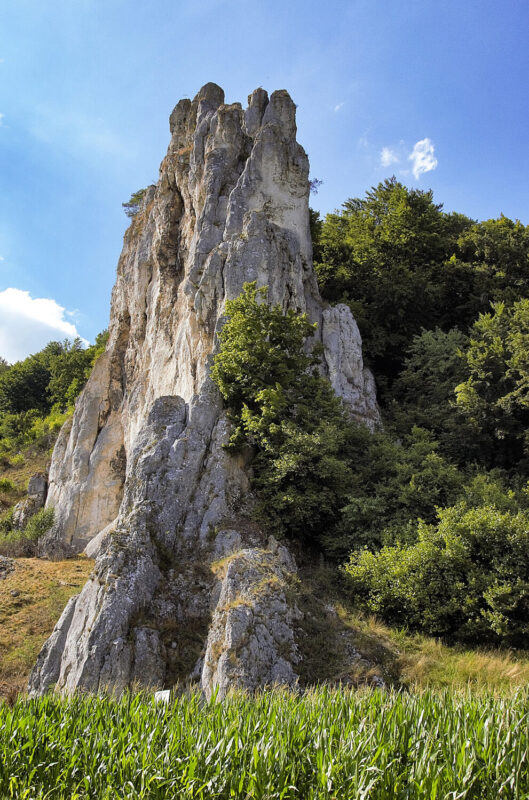 Rock formation surrounded by greenery in Naturpark Altmühltal under a blue sky.
