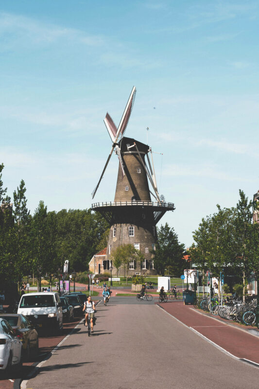 Historic windmill on a street lined with trees and parked cars, with cyclists riding past under a clear blue sky.