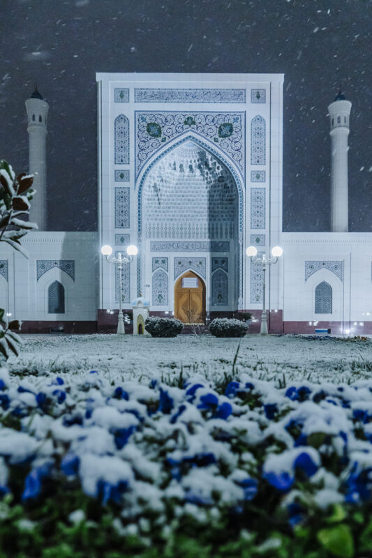 Snow-covered flowers in the foreground with a beautifully decorated mosque entrance in Tashkent, Uzbekistan, at night.