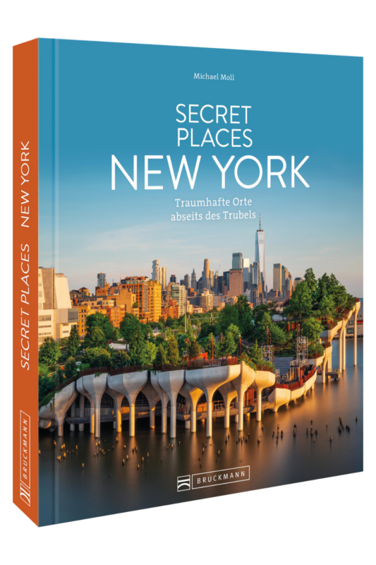 Book cover featuring "Secret Places New York" by Michael Moll, showcasing a skyline with greenery and modern architecture.