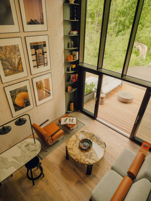 Cozy interior of a chalet featuring a marble coffee table, modern seating, and large windows overlooking greenery.