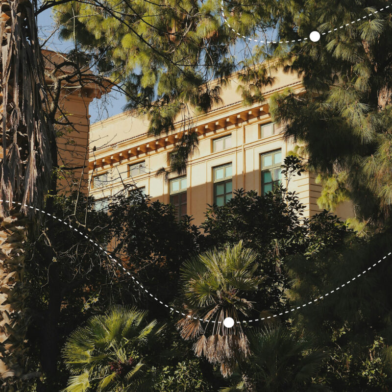 Lush greenery surrounds a historic building in Palermo, showcasing the city's vibrant atmosphere.