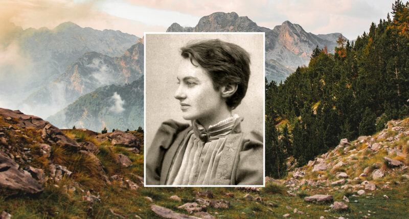 Black and white portrait of Edith Durham superimposed on a scenic mountain landscape.