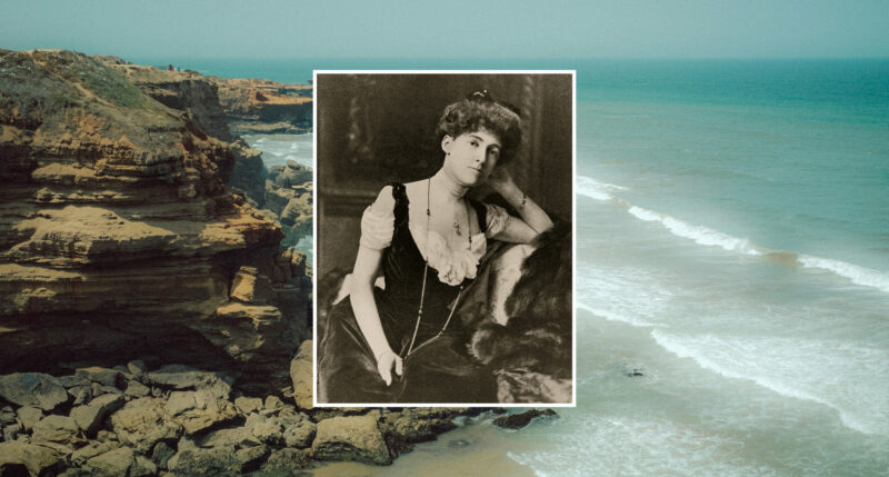 Edith Wharton portrait overlaying a coastal landscape with cliffs and ocean waves.