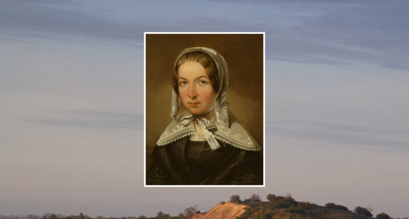 Portrait of Fredrika Bremer, featuring her in a dark dress and a light bonnet, set against a soft, cloudy sky.