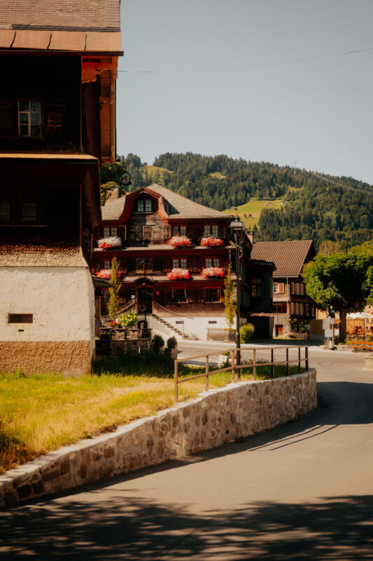 Charming Swiss village scene featuring traditional wooden buildings with flower boxes, set against a green hillside.